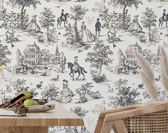Vintage Toile de Jouy Tapete, Klassisches Französisches Wandbild, Abnehmbare Selbstklebende Tapete mit Antikem Muster für Elegantes Zuhause