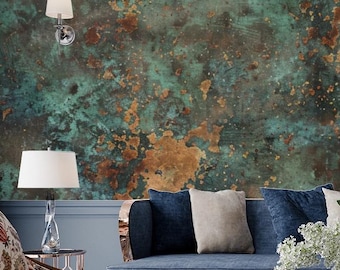 Rustic Patina Copper Wallpaper, Distressed Green Rust Metal Wall Mural, Peel and Stick