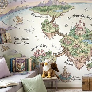May include: A whimsical mural depicting a fantasy map with floating islands, hot air balloons, and a castle. The room features a light blue dresser with hot air balloon designs, a mirror, and a plush griffin toy. Books and pillows complete the scene.