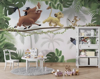 Lion King Nursery Room Wallpaper , Children's Lion King Mural , Cartoon Animals Wall Mural Kids Room , Removable Cartoon Themed Mural