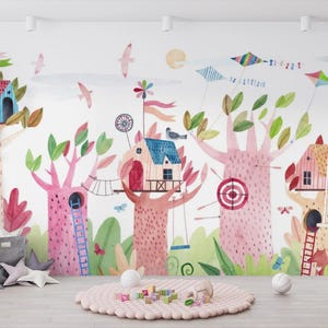 Cartoon Baumhäuser Tapete, Kinderzimmer Cartoon Bunte Bäume Wandbild, Weiche Farben Baumhäuser Kinderzimmer Abnehmbares Wandbild, selbstklebend