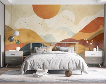 Boho Mountain Sunset Wallpaper, Watercolor Mural, Peel and Stick