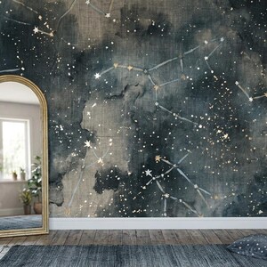 Pode incluir: Um quarto com papel de parede com tema celestial com constelações e estrelas em tons de azul, cinza e dourado. Um espelho arqueado com moldura dourada está encostado na parede. Uma cômoda e um tapete azuis completam a decoração.