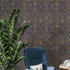 Art Deco Gold Geometric Wallpaper Peel and Stick, Luxury Modern Glam Wall Mural for Living Room, Dark Elegant Pattern Wall Covering