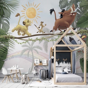 Mural de pared con arcoíris del Rey León, papel tapiz colorido de animales de la selva para habitación infantil, guardería y sala de juegos.