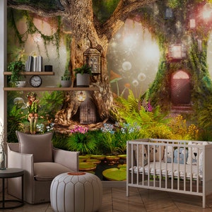 Carta da parati murale con fate degli alberi nella foresta incantata, carta da parati stravagante per la cameretta dei bambini, per un gioco fantasioso, un asilo nido da sogno o un arredamento da camera da letto fantasy