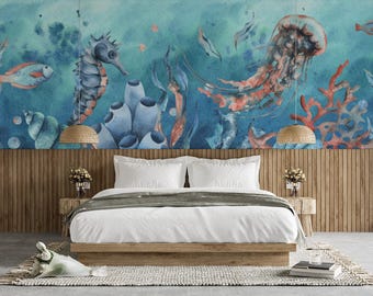 Watercolor Jellyfish Wallpaper Mural, Underwater Ocean Theme, Peel and Stick