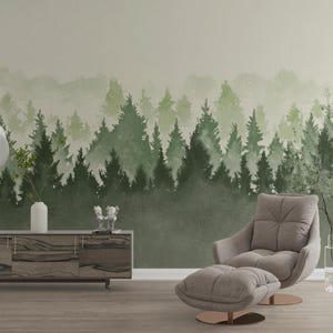 Removable Watercolor Forest Wallpaper, Misty Pine Tree Peel and Stick Wall Mural, Custom Scenic Nature-Inspired Self-Adhesive Wall Decor