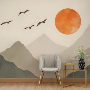 Minimalistische Berg Sonnenuntergang Tapete – Abnehmbares Selbstklebendes Wandbild, Moderne Landschaftsdeko für Wohn- & Schlafzimmer