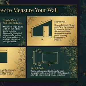 May include: An informational graphic on a dark green background with gold accents, detailing how to measure walls for wallpaper. It includes diagrams for standard, sloped, column, and multiple walls, with text instructions. The Deluxe Crea Luxurious Designs logo is at the top.