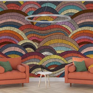 Papier peint de salon à motifs ondulés colorés, revêtement mural coloré ondulé de conception géométrique, papier peint d'entrée avec couleurs personnalisables