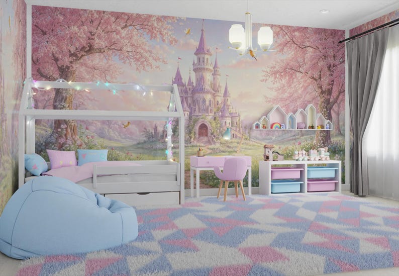 Princess Castle Cherry Blossom Forest Wallpaper Mural, Pink Nursery ...