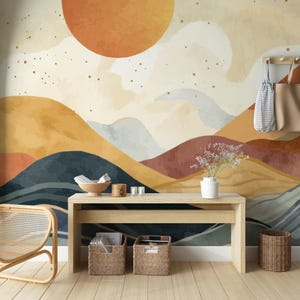 Carta da parati murale personalizzata Boho Sunset, carta da parati staccabile e adesiva con montagne acquerellate, arte murale minimalista per soggiorno, cameretta dei bambini, arredamento della camera da letto