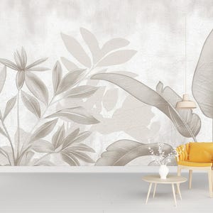 Sanfte Neutrale Blätter Wandbild – Selbstklebende Beige Tapete mit Botanischem Muster, Maßgeschneiderte Natur Wanddeko