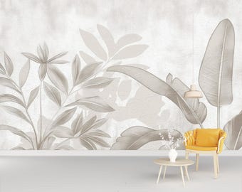Beige Leaf Wallpaper Mural, Neutral Botanical Peel and Stick