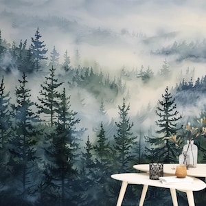 Misty Blue Forest Watercolor Wallpaper, Serene Pine Trees Fog Mural, Calm Nordic Nature Scene Decor for Bedroom or Living Room