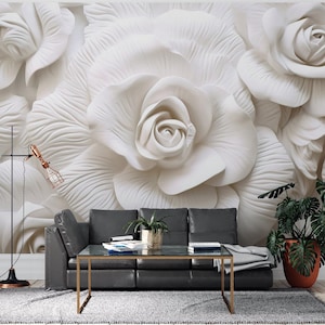 3D White Rose Wall Mural Peel and Stick Wallpaper, Elegant Floral Textured Removable Wallcovering for Bedroom & Living Room Decor