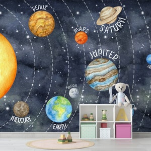 May include: A watercolor-style mural featuring the solar system with planets labeled. The planets include Venus, Mars, Saturn, Jupiter, Mercury, Earth, and the Moon. A white shelf with toys and storage boxes sits below the mural. A stuffed bunny sits on the shelf.