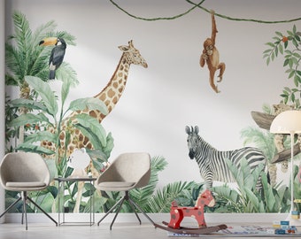 Tropische dieren muur muurschildering, jungle dieren behang, kinderkamer giraffe behang, kinderkamer luipaard behang, bos dieren muurschildering