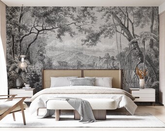 Carta da parati murale vintage con foresta, paesaggio naturale monocromatico, rimovibile, stacca e attacca