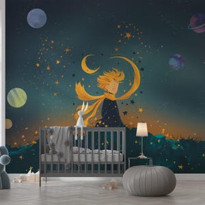 Carta da parati stravagante del piccolo principe nello spazio, cielo stellato autoadesivo, decorazione cosmica personalizzabile, murale per la cameretta dei bambini con tema colore regolabile