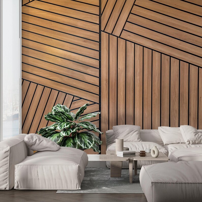 3D Geometric Wood Look Wallpaper – Textured Wooden Slats Mural image 4