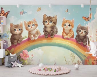 Kittens Rainbow Mural, Whimsical Animal Nursery Wallpaper (Peel and Stick)