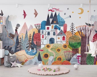 Cartoon Castle Wallpaper, Pastel Colors, Kids Room Decor