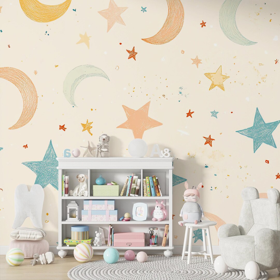 Pastel Moon and Stars Kids Wallpaper, Peel and Stick Nursery Decor - Etsy
