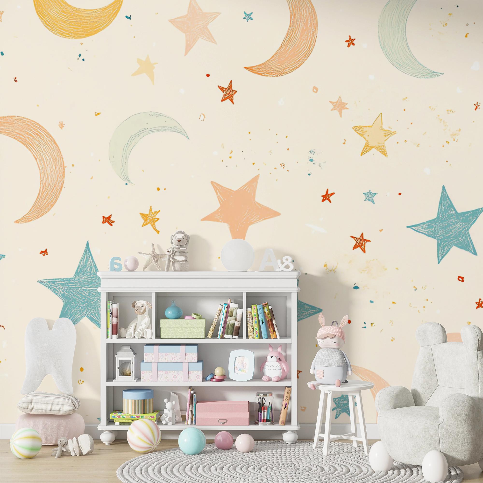 Pastel Moon and Stars Kids Wallpaper, Peel and Stick Nursery Decor - Etsy