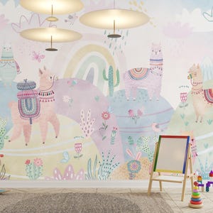 Carta da parati adesiva con lama per cameretta dei bambini, murale arcobaleno per cameretta, adesivi murali boho con alpaca e cactus per bambini, decorazioni personalizzate per la sala giochi