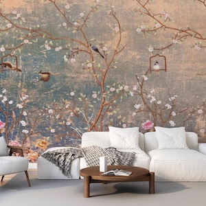 Bird Tree Mural Vintage Floral Wallpaper, Elegant Romantic Wall Decor for Living Room, Nature Inspired Mural Art