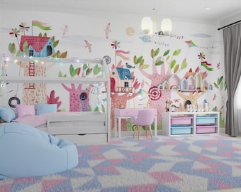 May include: A child's bedroom with a whimsical mural featuring trees, houses, and birds. The room includes a white bed, a desk, a chair, and a beanbag. The rug has a geometric pattern in pink, blue, and white.