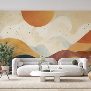 Carta da parati murale personalizzata Boho Sunset, carta da parati staccabile e adesiva con montagne acquerellate, arte murale minimalista per soggiorno, cameretta dei bambini, arredamento della camera da letto