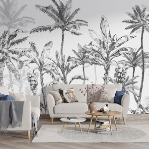 Leaves Wallpaper Black White Tropical Forest Wall Mural, Tropical Trees Design, Modern Monochrome Wallpape, Nature-Inspired Home Mural