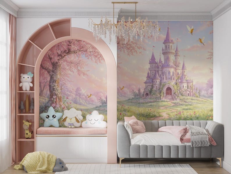 Princess Castle Cherry Blossom Forest Wallpaper Mural, Pink Nursery ...