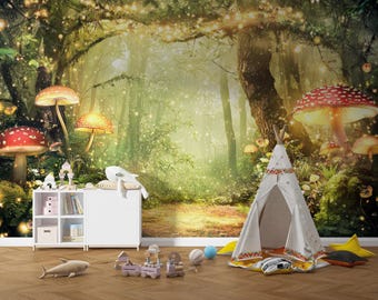 Whimsical Forest Wall Mural, Kids Room, Peel and Stick Wallpaper