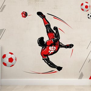 Carta da parati murale di calcio per la camera dei ragazzi, carta da parati staccabile e adesiva con pallone da calcio rosso, arte murale sportiva rimovibile personalizzata per camere da letto per bambini e adolescenti