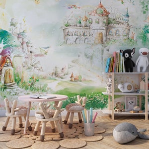 Watercolor Kids Wallpaper Fairy Tale Castle Wall Mural Magical Nursery Decor Cute Fairy Cartoon for Baby Girl Room