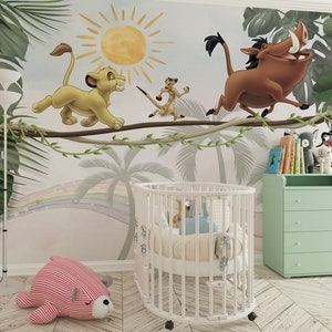 Cartoon Tier Wanddekor: Der Löwenkönig Regenbogen Wandbild, Kinderzimmer Tapete, Buntes Dschungel Kunst Dekor für Kinderzimmer & Spielzimmer