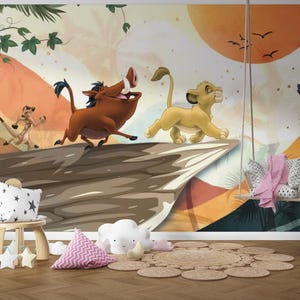 May include: A vibrant mural depicting characters from The Lion King. Simba, Pumbaa, and Timon are shown on a rocky outcrop, with a sunset backdrop. A swing and decorative pillows are in the foreground, with a wooden floor.