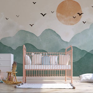 Carta da parati Boho Sunset Mountain per bambini, murale staccabile e attaccabile, decorazione murale per bambini acquerello, murale rimovibile facile da installare per la cameretta dei bambini