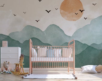 Carta da parati Boho Sunset Mountain, murale per cameretta dei bambini (stacca e attacca)