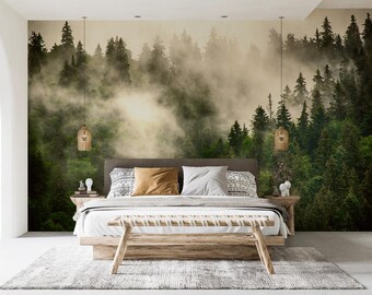 Misty Green Forest Wallpaper, Scenic Pine Tree Mural, Removable Wallpaper