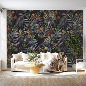 Tropical Wallpaper Dark Botanical Wall Mural, Moody Floral Peel and Stick, Lush Jungle Plant Removable Home Decor