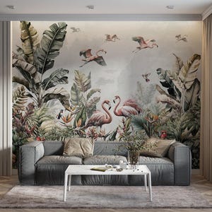Carta da parati con fenicotteri tropicali e giungla, murale con uccelli esotici con foglie e animali selvatici acquerellati, decorazione botanica vintage staccabile e attaccabile