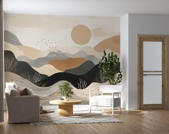 Boho bergslandskap väggmålning, abstrakt öken självhäftande tapet