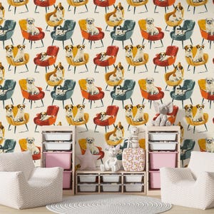 Hunde-Themen Tapete, Vintage Stuhl und Hund Druck Wandbild, Lustige und Verspielte Wanddekoration für Kinderzimmer, Abziehbar und Haftend