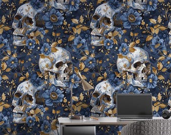 Skull Floral Wallpaper Mural, Gothic Vintage Peel and Stick