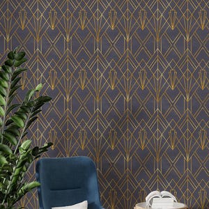 Carta da parati geometrica Art Déco Gold, murale di lusso staccabile e attaccabile per soggiorno, rivestimento murale moderno e glamour, motivo elegante e scuro